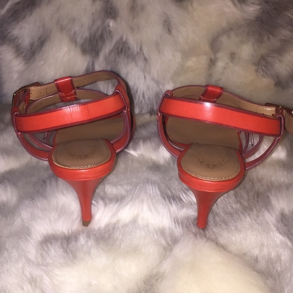 ELIE TAHARI Red Leather Georgia Strappy Heeled Sandals Sz 8.5 - Picture 3 of 8